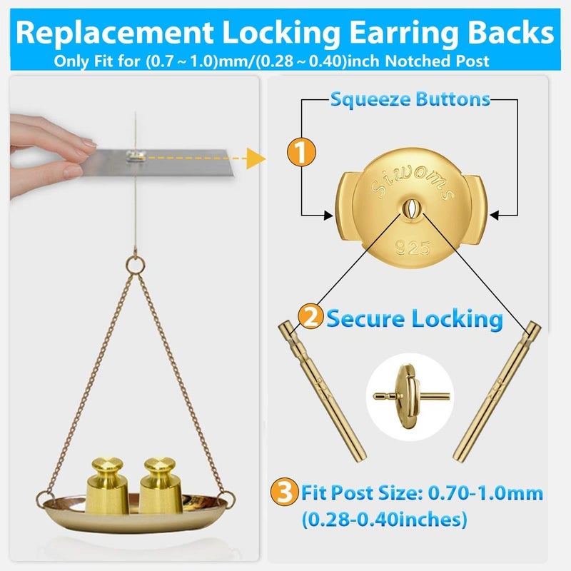Siwoms 2-Pairs 18K Gold Plated Locking Earring-Back Replacements Secure for Diamond Studs, Hypoallergenic Sterling Silver Backings for Notched Post (0.7ï½ž1.0mm) - Image 3